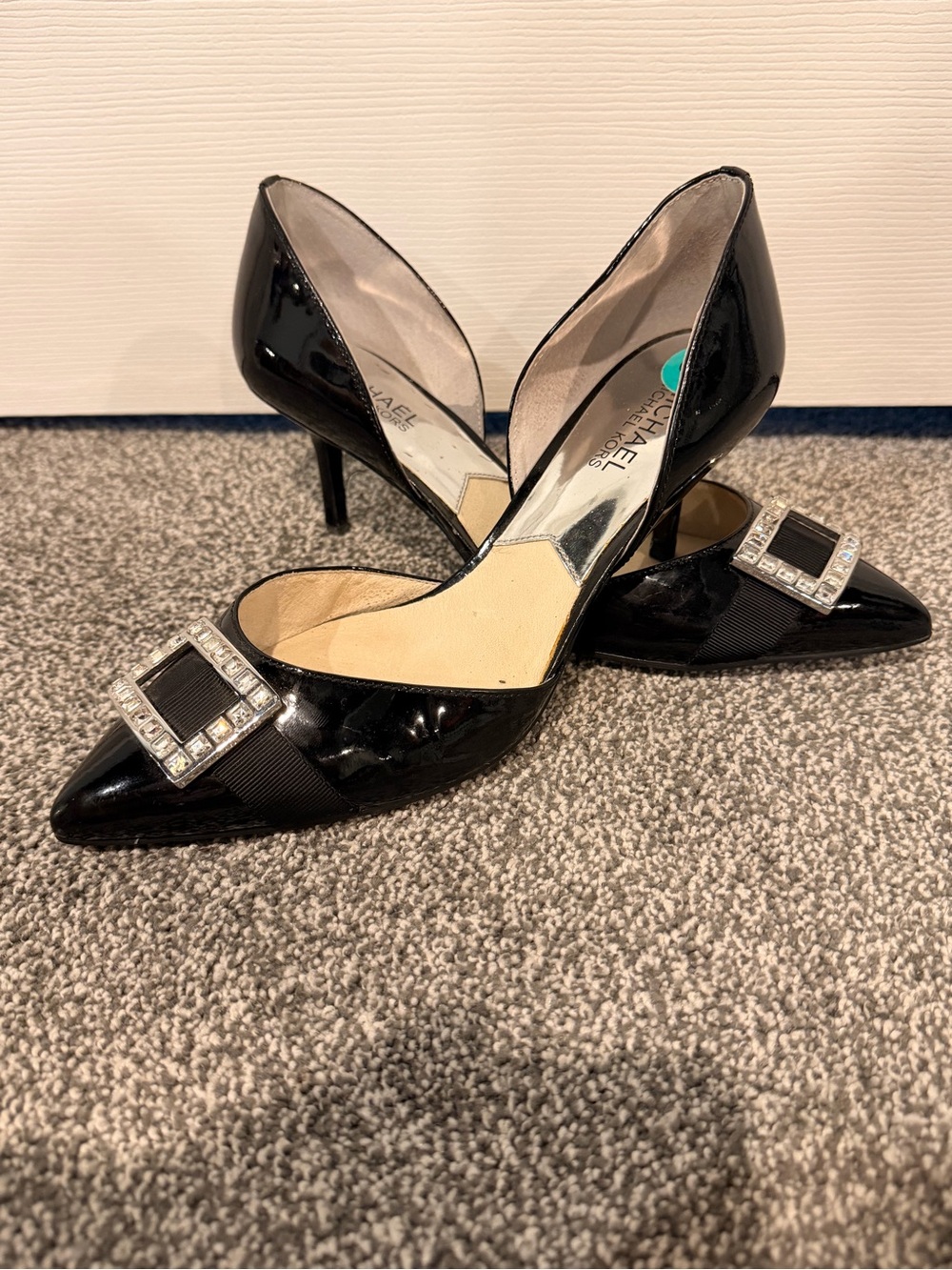 Michael Kors Black Patent D'Orsay Pumps with Crystal Square Buckle, 8M